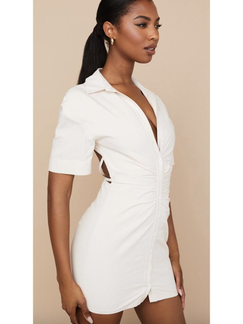 HOUSE OF CB Luisa Beige Open Back Shirt Dress XS Ruched Linen Blend Coquette
